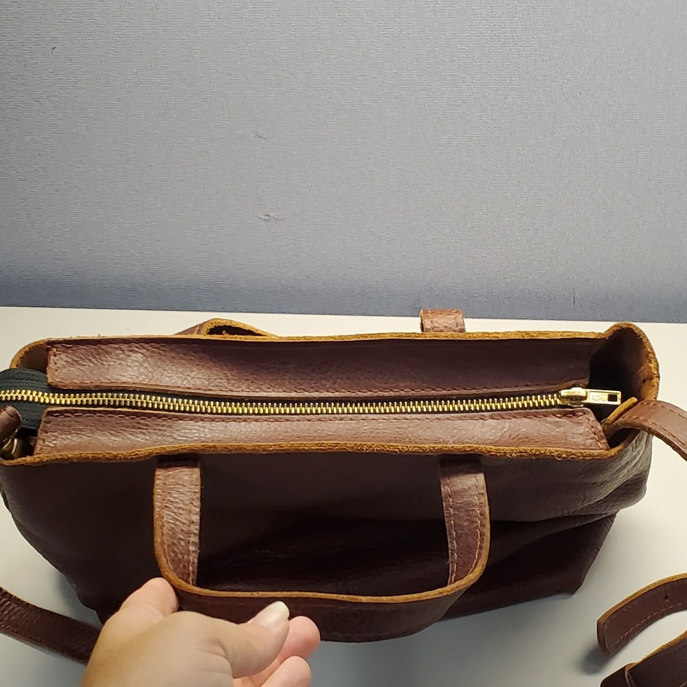 Portland Leather Goods Womens Leather Mini Crossbody Tote Brown Adjustable Zip - Picture 11 of 16